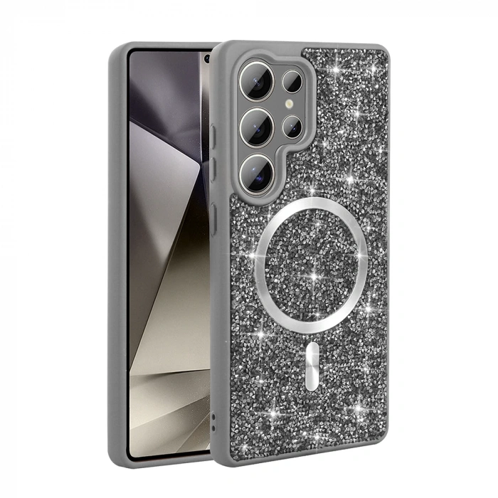 Galaxy S25 Ultra Kılıf Pırlanta Tasarımlı M-safe Şarj Özellikli Zore Mozaik Silikon Kapak