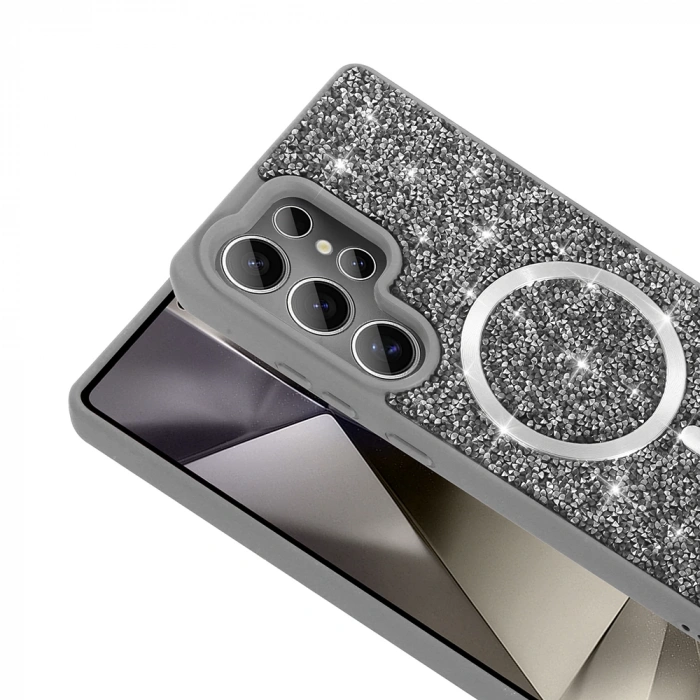 Galaxy S25 Ultra Kılıf Pırlanta Tasarımlı M-safe Şarj Özellikli Zore Mozaik Silikon Kapak