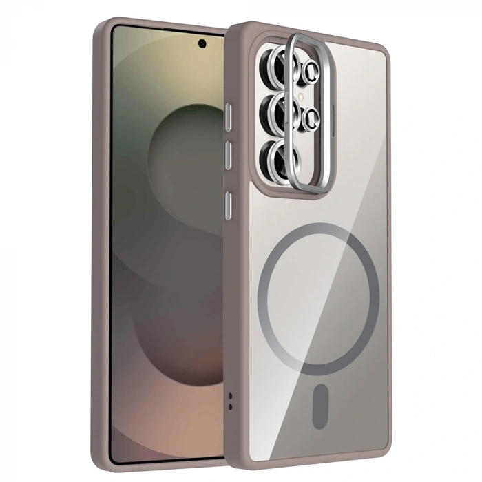 Galaxy S25 Ultra Kılıf Standlı ve Kamera Lens Hediyeli M-Safe Şarj Özellikli Zore Etro Kapak