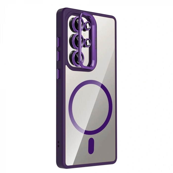 Galaxy S25 Ultra Kılıf Standlı ve Kamera Lens Hediyeli M-Safe Şarj Özellikli Zore Etro Kapak