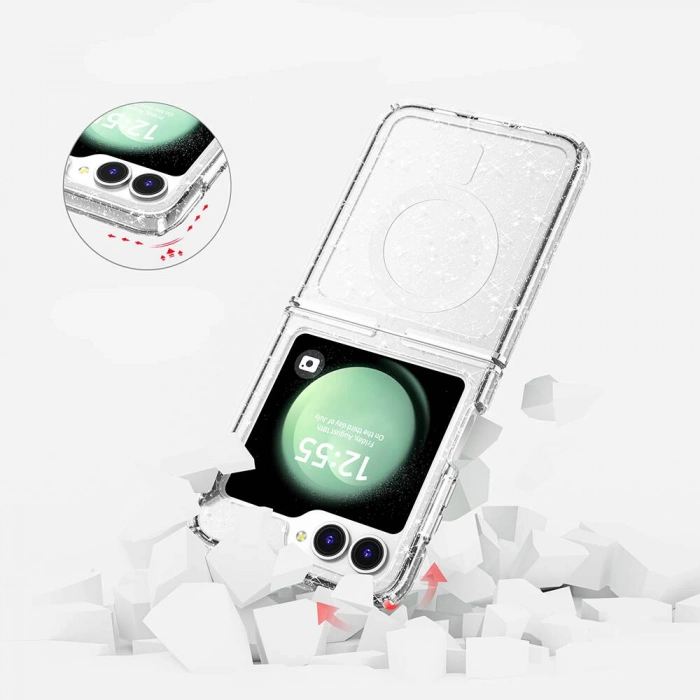 Galaxy Z Flip 6 Kılıf M-safe Şarj Özellikli Parlayan Simli Saydam Renkli Zore Allstar Kapak