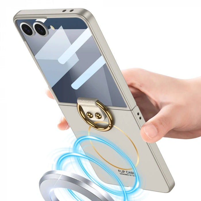 Galaxy Z Flip 7 Kılıf M-safe Şarj Özellikli Zore Kıpta Yüzüklü Flip Sert Kapak