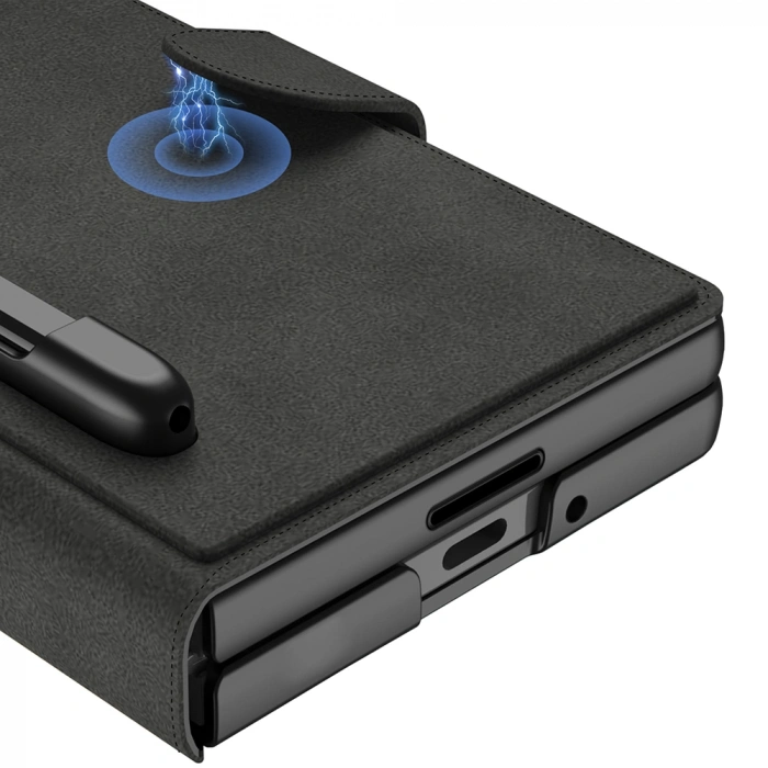 Galaxy Z Fold 7 Kılıf Kamera Korumalı Kadife Tasarımlı Zore Kıpta Kalem Bölmeli Fest Kapak