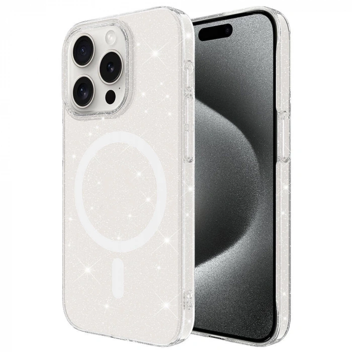 iPhone 15 Pro Kılıf Zore M-safe Şarj Özellikli Simli Şeffaf Arka Yüzey Erdos Silikon Kapak