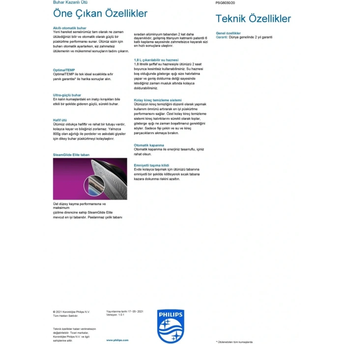 Philips PSG8030/20 8000 Sersisi Perfectcare Buhar Kazanlı Ütü, Akıllı Otomatik Buhar, 1,8 L Çıkarılabilir Su Haznesi, SteamGlide Elite Taban,