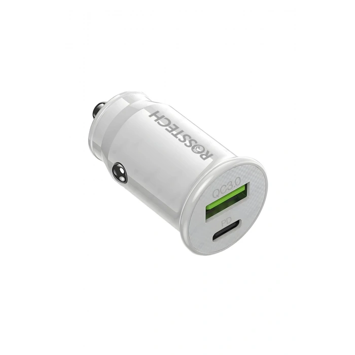 Rosstech 20w PD + Usb-A Quick Charge 3.0 Süper Hızlı Dual Port Araç Çakmaklık Şarj Cihazı Beyaz