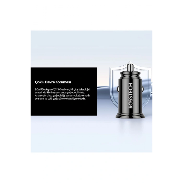 Rosstech 20w PD + Usb-A Quick Charge 3.0 Süper Hızlı Dual Port Araç Çakmaklık Şarj Cihazı Beyaz