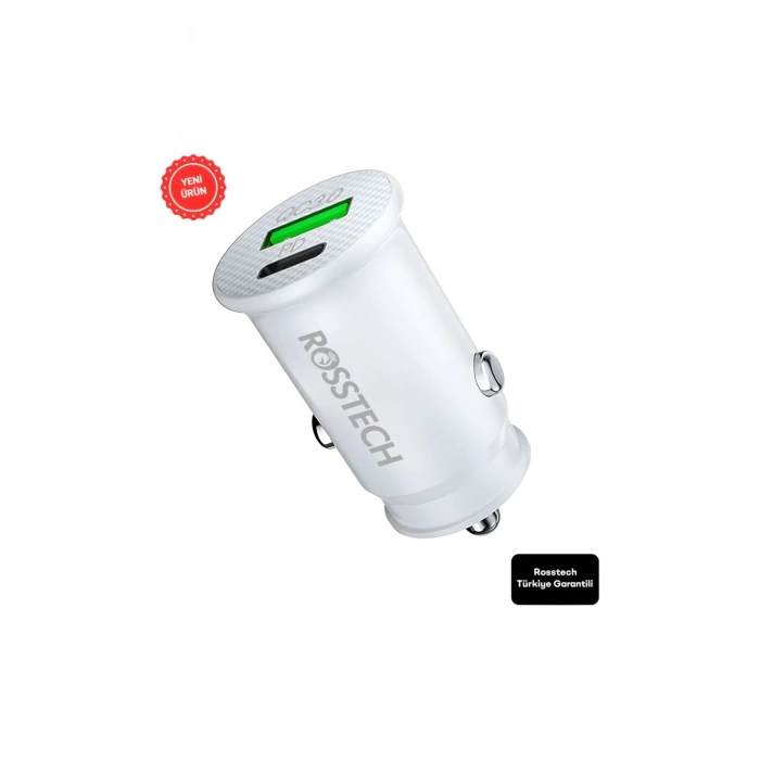Rosstech 20w PD + Usb-A Quick Charge 3.0 Süper Hızlı Dual Port Araç Çakmaklık Şarj Cihazı Beyaz