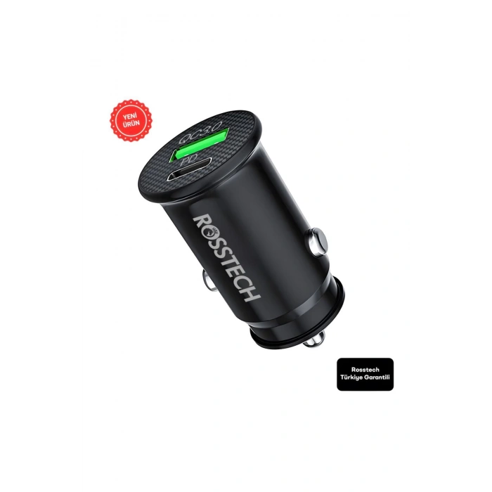 Rosstech 20w PD + Usb-A Quick Charge 3.0 Süper Hızlı Dual Port Araç Çakmaklık Şarj Cihazı Siyah