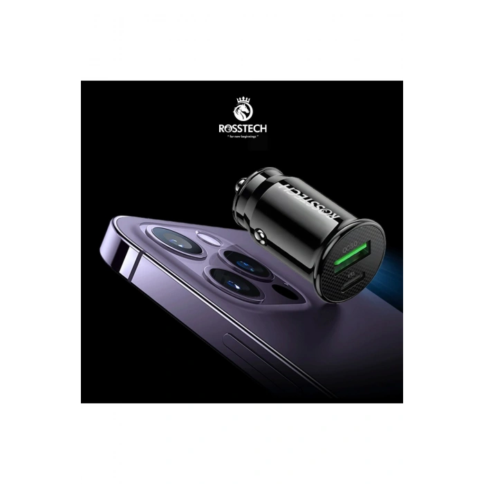 Rosstech 20w PD + Usb-A Quick Charge 3.0 Süper Hızlı Dual Port Araç Çakmaklık Şarj Cihazı Siyah