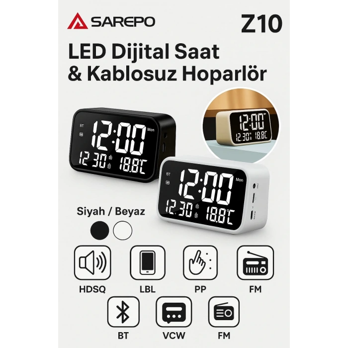 Sarepo Z10 LED Dijital Saat & Kablosuz Hoparlör | Bluetooth 5.0 | FM Radyo | Termometre