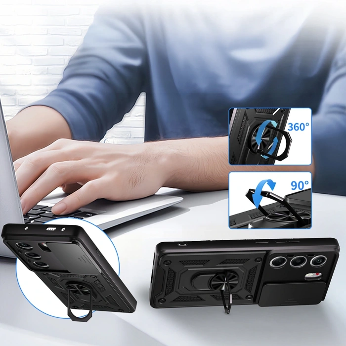 Tecno Camon 40 4G Kılıf Magnetik Standlı Kamera Korumalı Zore Sürgülü Vega Kapak