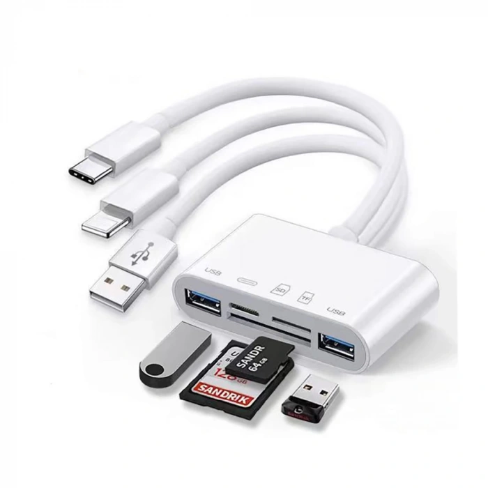 Zore All Round 5in1 Type-C & Lightning & USB Çıkışlı OTG Hafıza Kart Okuyucu