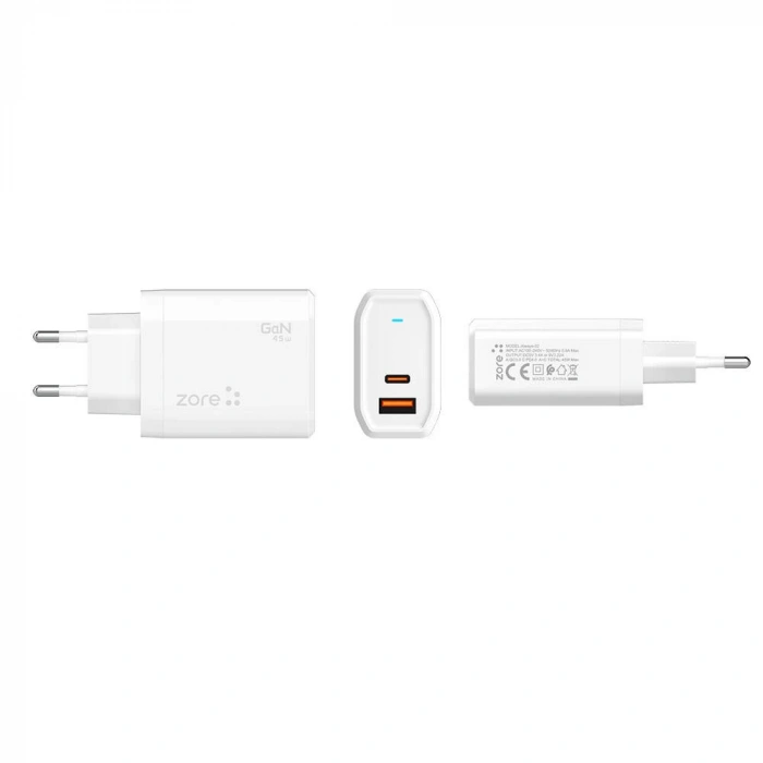 Zore Always-02 GaN Tech Type-C PD4.0 USB-A QC3.0 Hızlı Şarj Özellikli Seyahat Şarj Başlığı 45W
