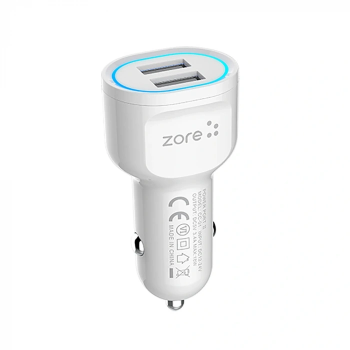 Zore CC-01 Hızlı Şarj Özellikli LED Işıklı Dual USB Araç Şarj Başlığı 18W