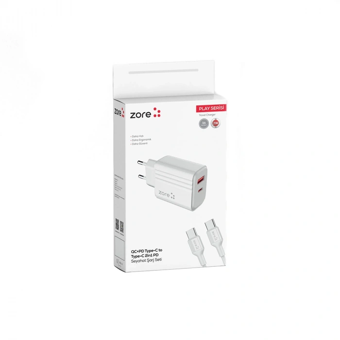 Zore Play Serisi PL07 Type-C to Type-C 2in1 PD Seyahat Şarj Aleti 20W