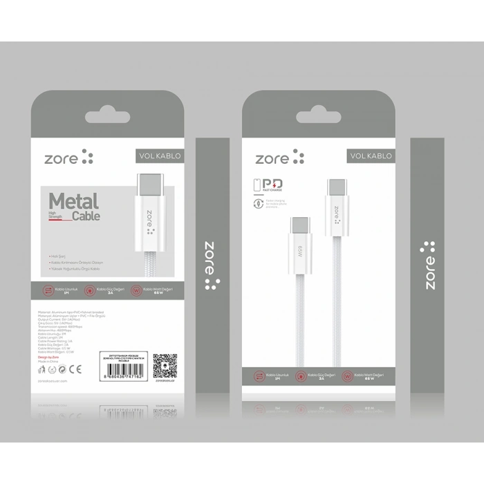 Zore Vol Serisi Type-C to Type-C PD Şarj ve Data Kablosu 65W 3A 1 Metre
