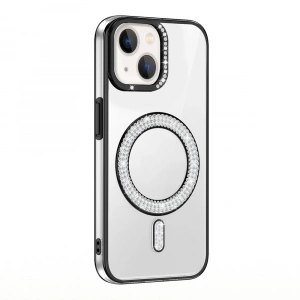 Apple iPhone 14 Kılıf Pırlanta Taş Tasarımlı M-safe Şarj Özellikli Zore Karetta Silikon Kapak