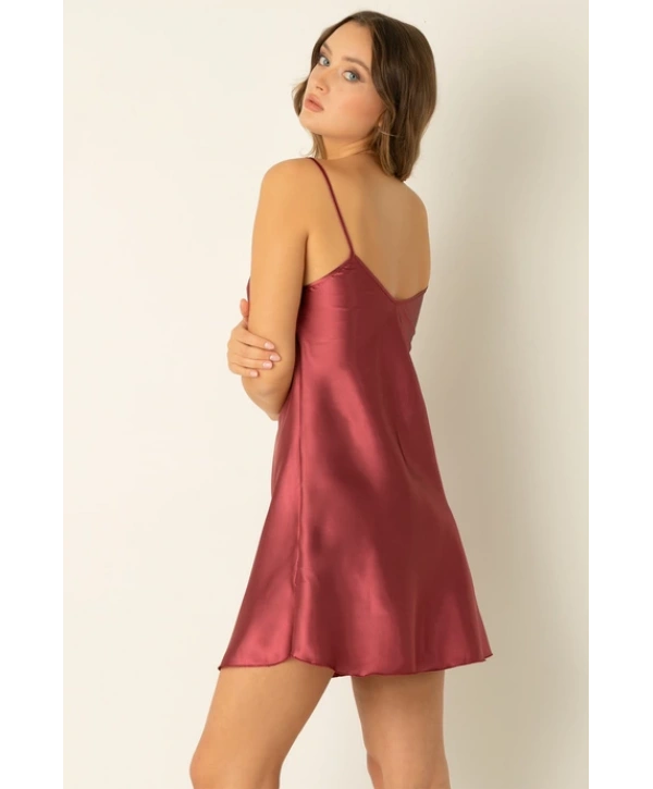 Flame Saten Gecelik - Bordo