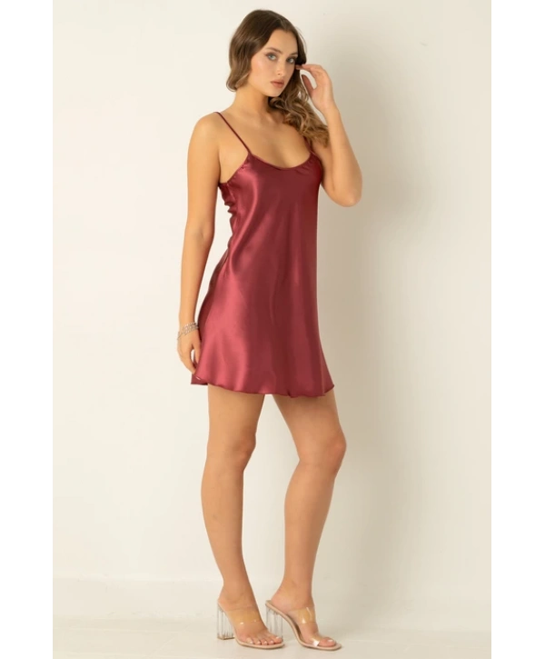 Flame Saten Gecelik - Bordo