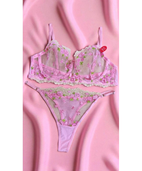 Flower Bralet Takım -Pembe (Büyük Beden)