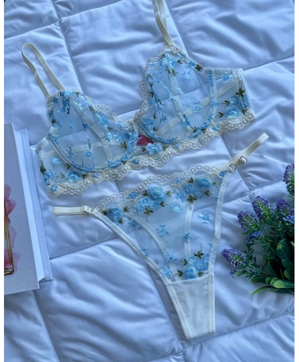 Flower Bralet Takım - Beyaz Mavi (Büyük Beden)