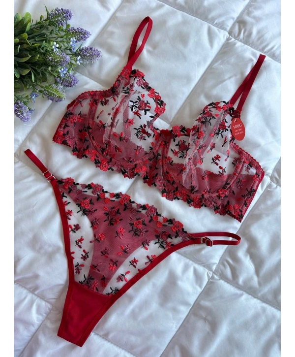 Golden Bralet Takım - Kırmızı (Büyük Beden)