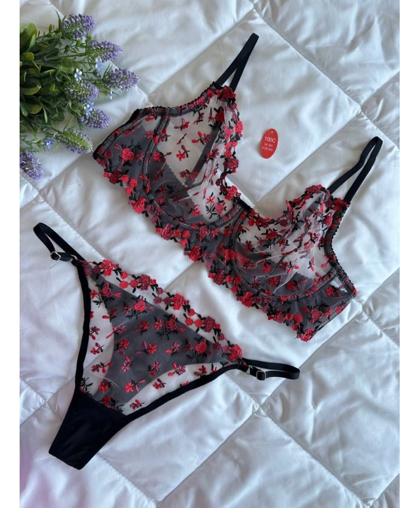 Golden Bralet Takım - Kırmızı Siyah (Büyük Beden)