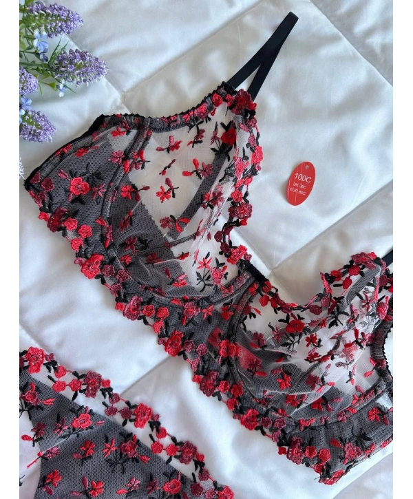 Golden Bralet Takım - Kırmızı Siyah (Büyük Beden)