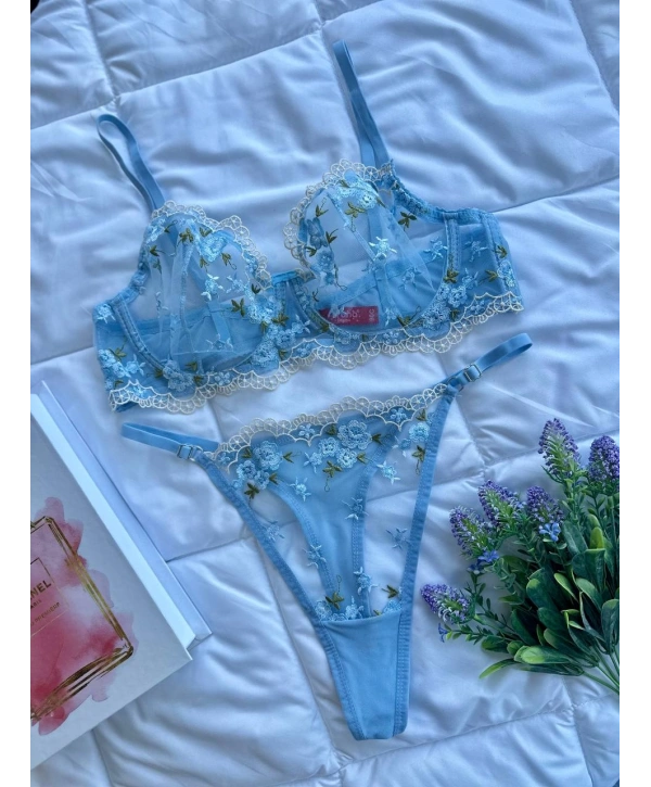 Flower Bralet Takım - Mavi (Büyük Beden)