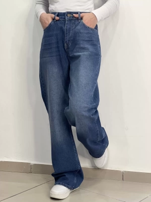 Açık mavi yüksek bel bol paça kot pantolon