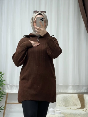 Fermuar Detaylı Triko Kazak - Kahverengi