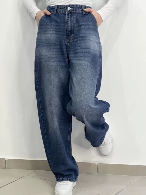 Mavi yüksek bel bol paça kot pantolon