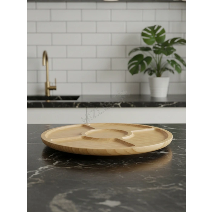 MyBru Bambu Yuvarlak 360 Derece Dönebilen 5 Bölmeli Sunum Tabağı Servis Tabağı Sunum Tepsisi 30 Cm