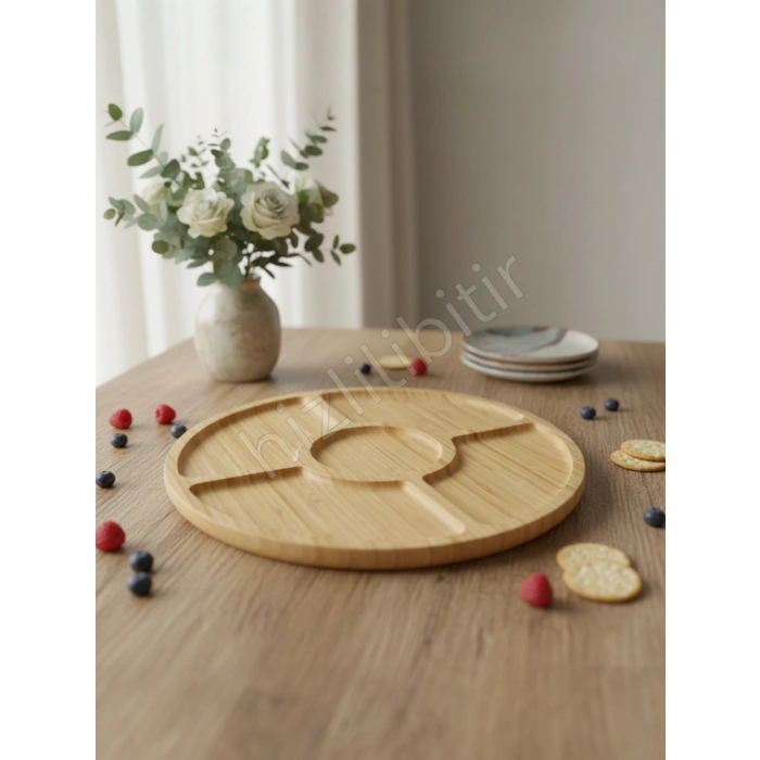 MyBru Bambu Yuvarlak 360 Derece Dönebilen 5 Bölmeli Sunum Tabağı Servis Tabağı Sunum Tepsisi 30 Cm