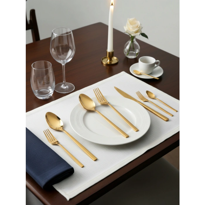 MyBru Paslanmaz Çelik Gold 84 Parça Çatal Kaşık Bıçak Seti 12 Kişilik 304 Paslanmaz Çelik