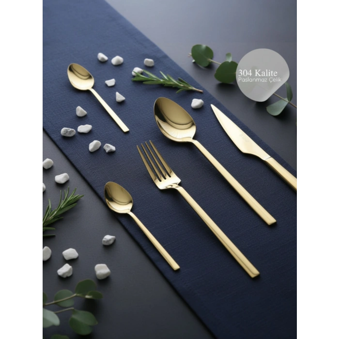 MyBru Paslanmaz Çelik Gold 84 Parça Çatal Kaşık Bıçak Seti 12 Kişilik 304 Paslanmaz Çelik