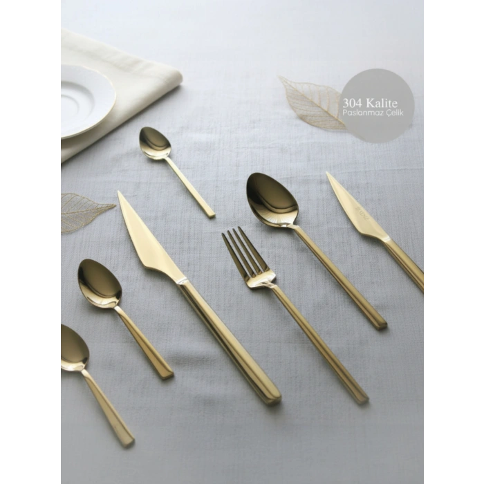 MyBru Paslanmaz Çelik Gold 84 Parça Çatal Kaşık Bıçak Seti 12 Kişilik 304 Paslanmaz Çelik