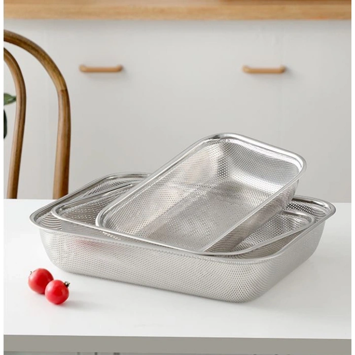 Paslanmaz Çelik Dikdörtgen Çok Amaçlı Makarna Un Meyve Sebze 3lü Süzgeç 37 33 29 Cm