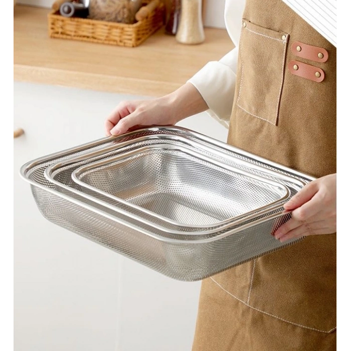 Paslanmaz Çelik Dikdörtgen Çok Amaçlı Makarna Un Meyve Sebze 3lü Süzgeç 37 33 29 Cm