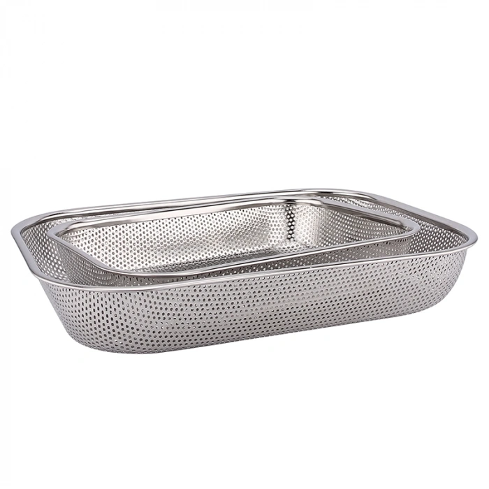 Paslanmaz Çelik Dikdörtgen Çok Amaçlı Makarna Un Meyve Sebze 2li Süzgeç Set 37 33 Cm