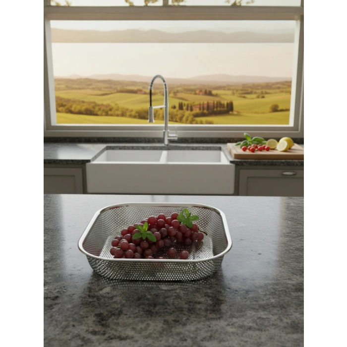 Paslanmaz Çelik Kare Çok Amaçlı Makarna Un Meyve Sebze Süzgeci 27 Cm