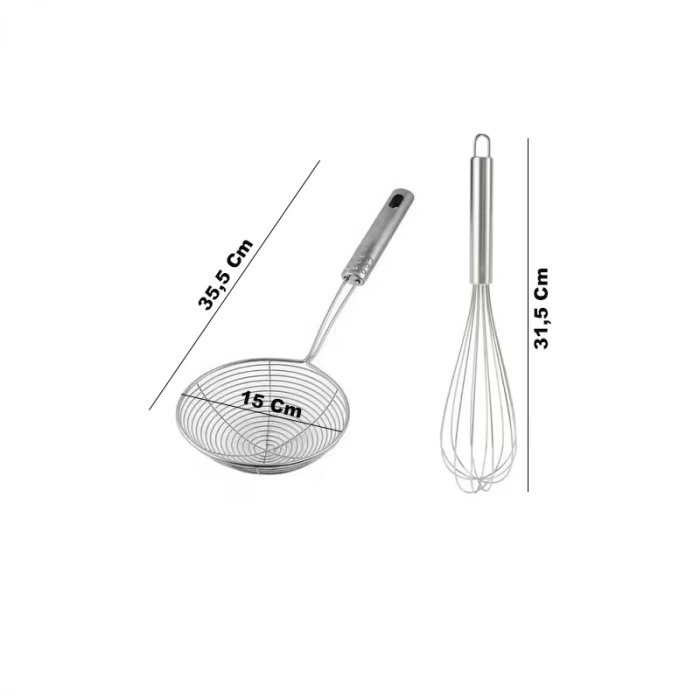 MyBru Metal Kevgir, Kızartma Haşlama Süzgeci ve El Çırpıcısı (Blender) 2li Set (Büyük Boy)