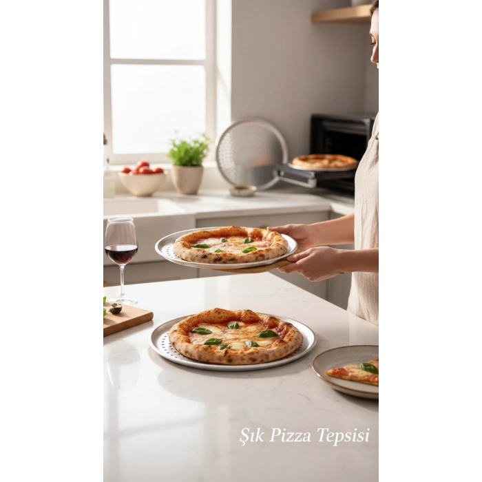 Paslanmaz Çelik Delikli Pizza Fırın Tepsisi Lahmacun Fırın Tepsisi 3lü Set 28 32 36 Cm