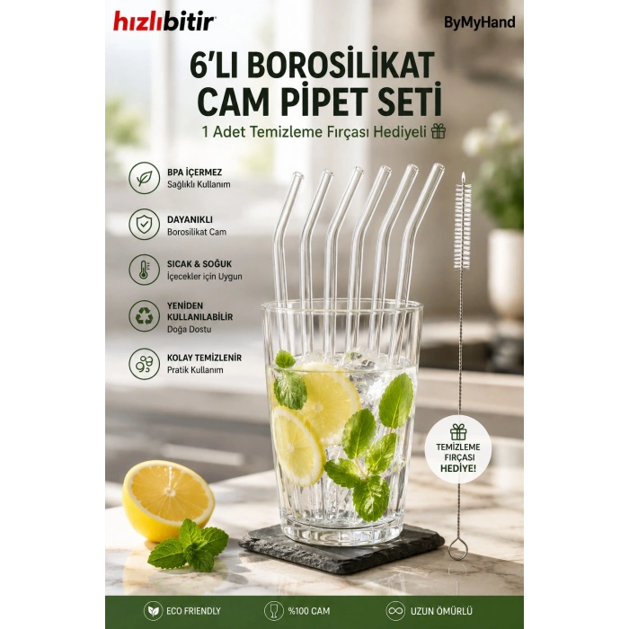 ByMyHand 6lı Cam Pipet Seti Temizleme Fırçası Hediyeli