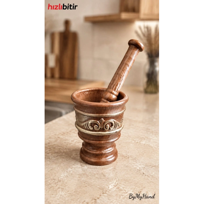 ByMyHand Ahşap Görünümlü Sert Plastik Havan Havaneli Sarımsak Ezeceği Baharat Döveceği 12 x 10 Cm