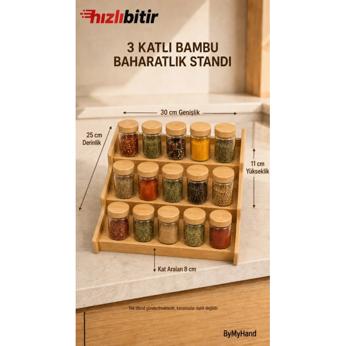 ByMyHand Bambu Ahşap 3 Katlı Baharatlık Standı