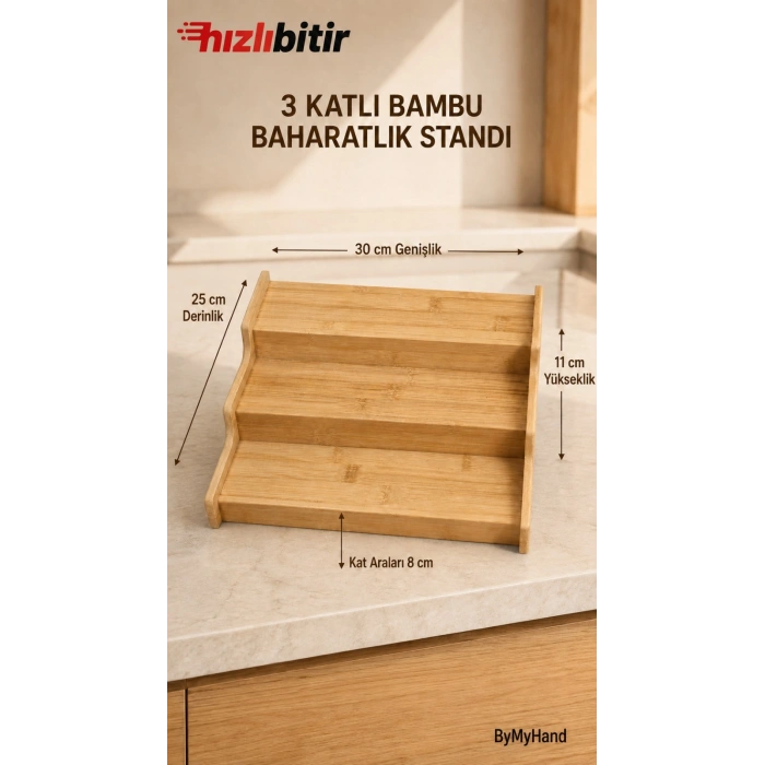 ByMyHand Bambu Ahşap 3 Katlı Baharatlık Standı