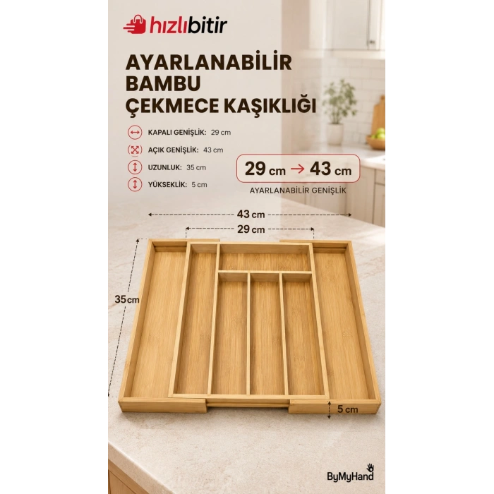 ByMyHand Bambu Ahşap Ayarlı Çekmece İçi Kaşıklık