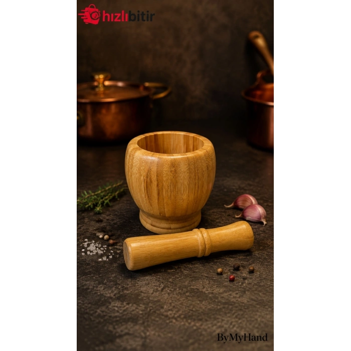 ByMyHand Bambu Doğal Ahşap Havan Havaneli Sarımsak Ezeceği Baharat Döveceği 10 x 8 Cm